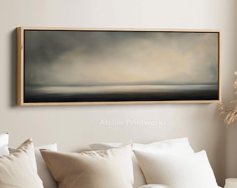 Wide Horizon Wall Art – Neutral Abstract Seascape Canvas in Beige and Grey, Long Horizontal Print for Minimal Home Decor