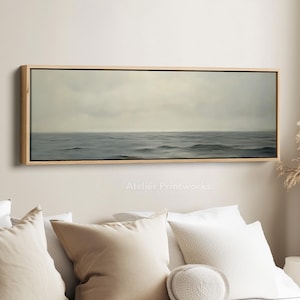 CALMING SEA PRINT Framed Canvas Wall Art Print, Long Horizontal Art, Wide Wall Art, Canvas Print, Large Panoramic Landscape - H0151