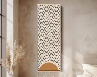 MINIMAL SUNSET WAVES Vertical Wall Art – Abstract Beige and Brown Long Canvas