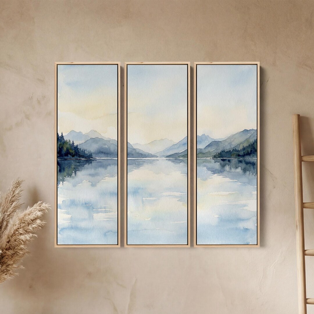 Set of 3 Misty Mountain Lake Watercolor Triptych Wall Art Set – Calm ...