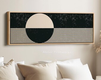 LONG PANORAMIC MOON black and cream minimalist wall art framed canvas for bedroom or office space