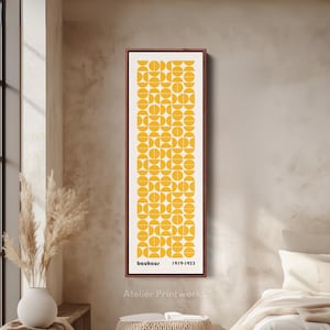 BAUHAUS MID CENTURY Yellow Modern Long Vertical Wall Art Canvas, Retro Wall Decor, Tall Skinny Framed Poster Abstract Geometric - V0330
