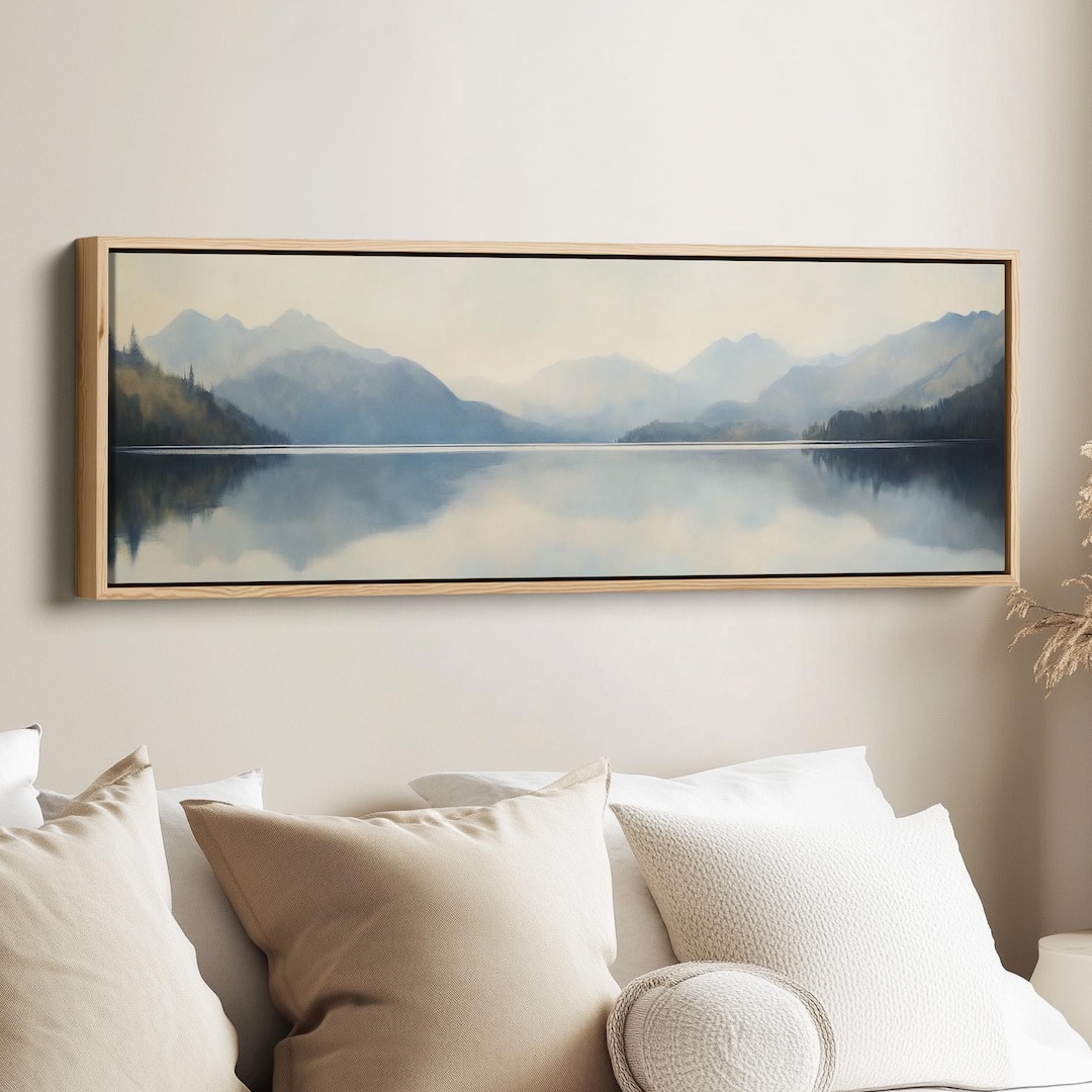 CALM HORIZONTAL LAKE Wall Art Blue Mountains Panoramic Canvas Print for ...