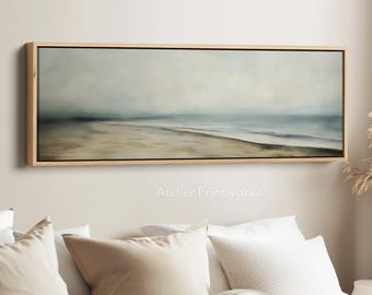Coastal Blue Wall Art Horizontal Beach Canvas Print Long Seaside Artwork in Beige and Blue for Living Room Bedroom or Above Bed Décor