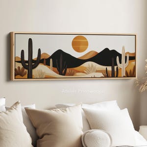 Modern Desert Wall Art – Long Horizontal Abstract Landscape with Cactus and Sun, Boho Southwestern Canvas for Living Room
