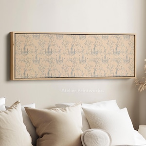 SECRET GARDEN Blau & Beige Große, breite horizontale Wandkunst gerahmte Leinwand, Minimal über dem Bettdekor, schmale Wandkunst - H0327