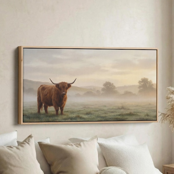 HIGHLAND COW PORTRAIT Wide Horizontal Animal Wall Art Above Bed Framed Canvas Print For Living Room