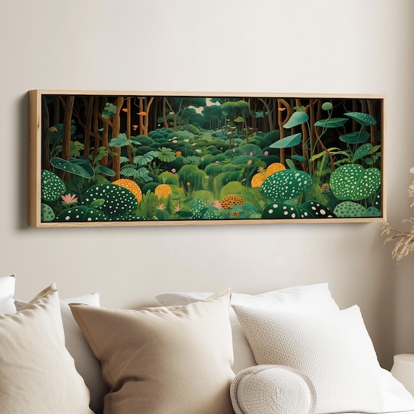 YAYOI KUSAMAS SKOG-inspirerad horisontell väggkonst lång panoramautsikt över sängen inramad canvastavla