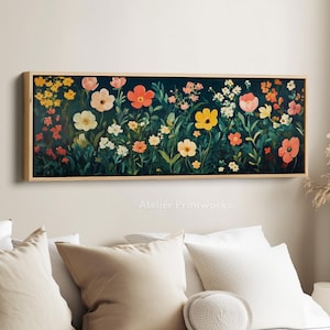 WILDFLOWER MEADOW Framed Canvas Wall Art Print, Long Horizontal Art, Wide Wall Art, Canvas Print, Large Panoramic Landscape - H0100