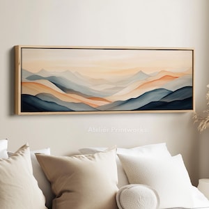 MUTED ABSTRACT MOUNTAINS Large Wide Horizontal Wall Art Framed Canvas, Minimal Above Bed Decor, Living Room Art, narrow Wall Art - H0183