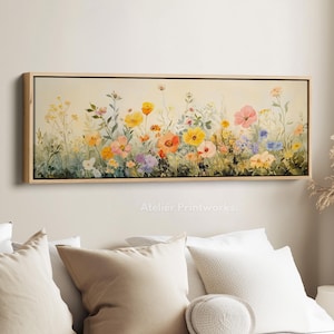 WILDFLOWER MEADOW Framed Canvas Wall Art Print, Long Horizontal Art, Wide Wall Art, Canvas Print, Large Panoramic Landscape - H0101