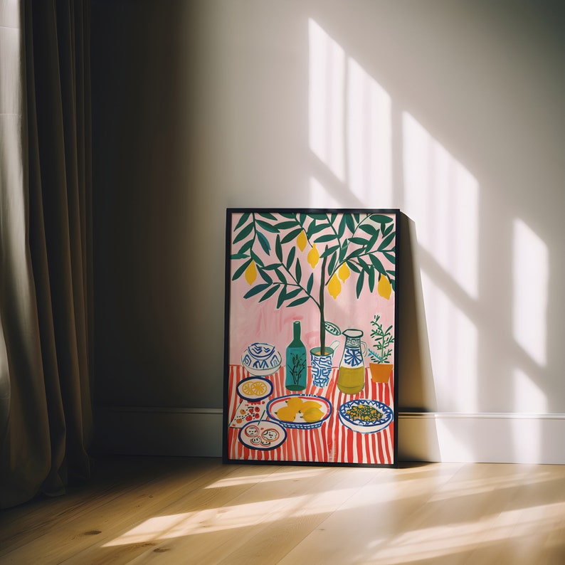 Vintage Food Art Print Retro Dinner Table Illustration, Kitchen Decor