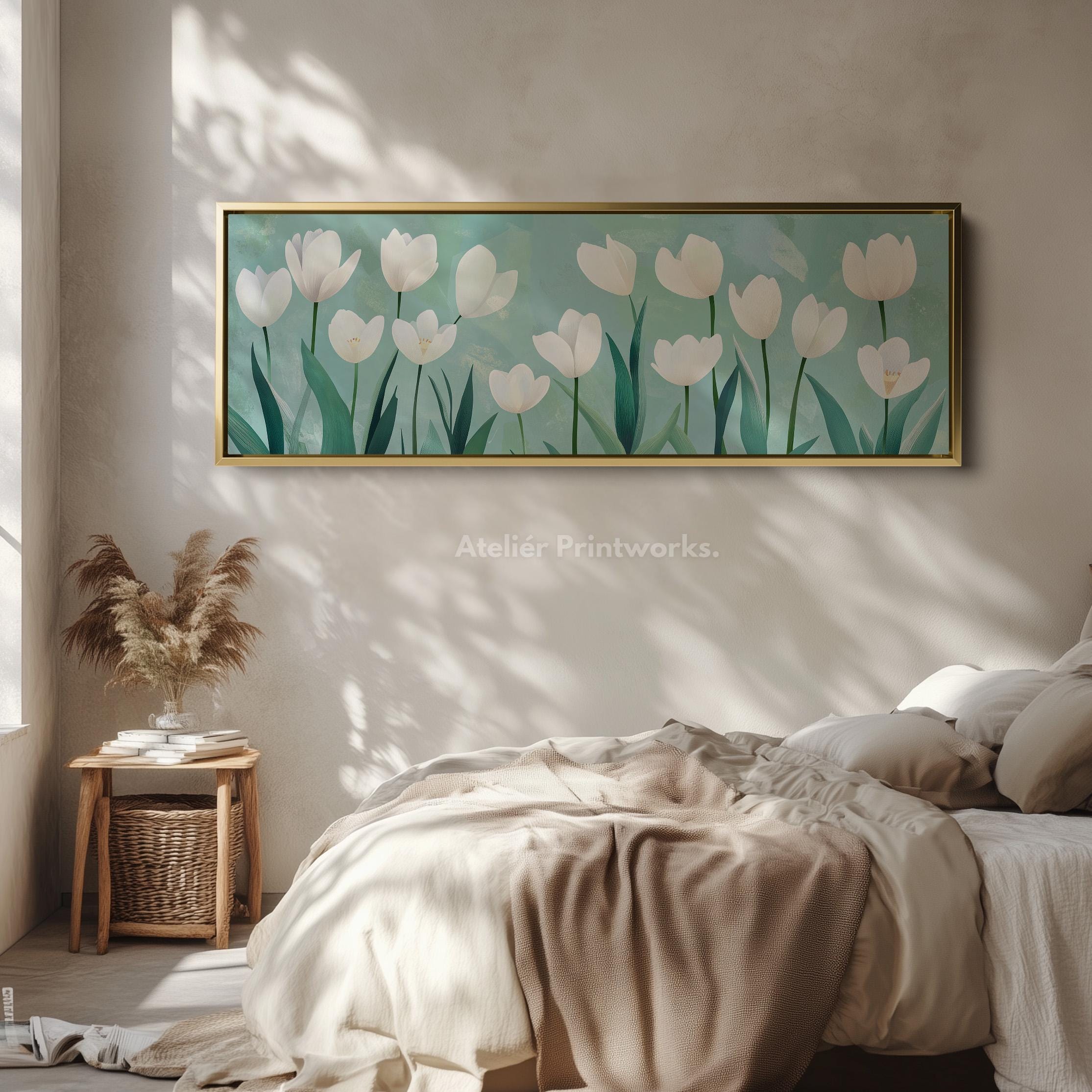 Horizontal Floral Wall Art White Tulip Canvas Print Long Botanical ...