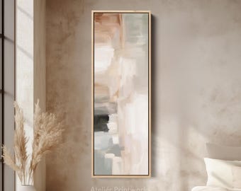 NEUTRO SUAVE ESCANDINAVO Arte de pared vertical en beige y salvia con suaves bloques de pincel para una apariencia ligera y minimalista en hogares contemporáneos tranquilos.