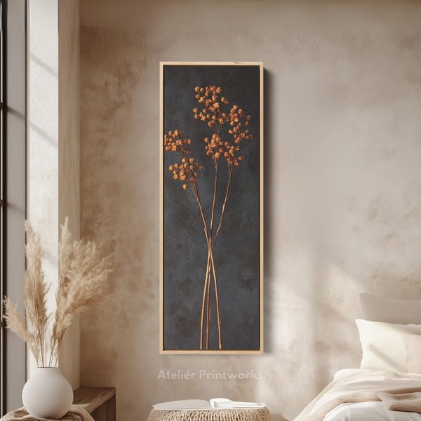 VINTAGE WILD FLOWERS Vertikale Leinwand Kunst - Goldener dünner Druck auf Blau für Schlafzimmer, Flur, Wohnzimmer oder Bürowände