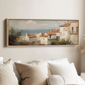 MEDITERRANEAN COASTAL Framed Canvas Wall Art Print, Long Horizontal Art, Wide Wall Art, Canvas Print, Large Panoramic Landscape - H0128