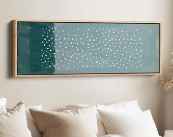 HORIZONTAL COASTAL ABSTRACT wall art framed canvas print in teal blue with white dots for living room bedroom or hallway above bed decor