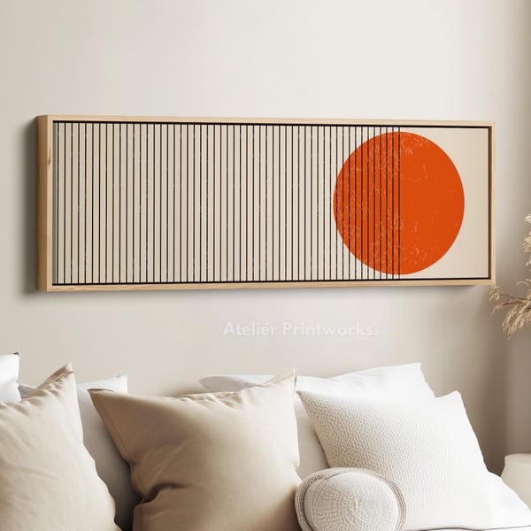 BOLD MODERNIST ORANGE Striped Design Beige And Black Horizontal Canvas Wall Art For Bedroom Or Hallway