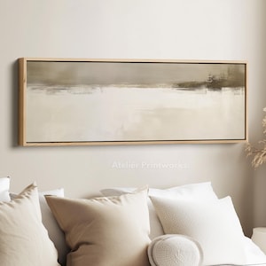 Art mural abstrait beige long et étroit, art mural horizontal, grande toile encadrée, art mural panoramique, décoration au-dessus du lit, art mural maigre - H0031