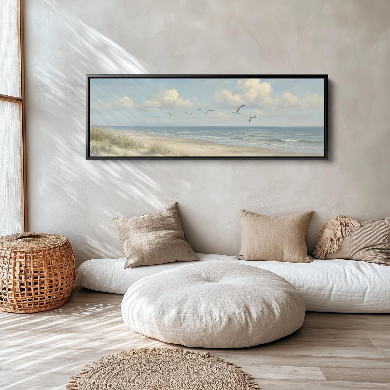 SEAGULL BEACH PANORAMA Wide Horizontal Wall Art Blue Grey Sky and Soft ...