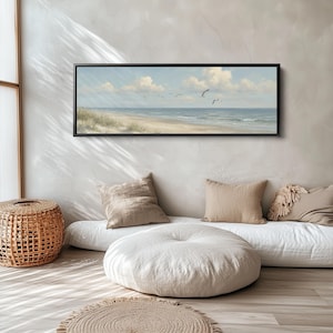 SEAGULL BEACH PANORAMA Wide Horizontal Wall Art Blue Grey Sky and Soft ...