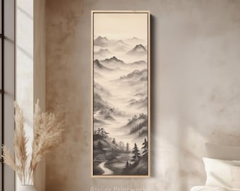 TALL MISTY MOUNTAIN Vertical Wall Art Framed Canvas Print Asian Landscape Painting for Bedroom or Office