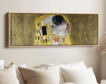 Klimpt El Beso Cuadro Horizontal Largo para Pared Sobre la Cama Impresión en Lienzo Enmarcado Obra de Arte Panorámica para la Decoración Interior del Dormitorio Declaración de Éxito