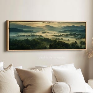 MISTY LANDSCAPE Framed Canvas Wall Art Print, Long Horizontal Art, Wide Wall Art, Canvas Print, Large Panoramic Landscape - H0105