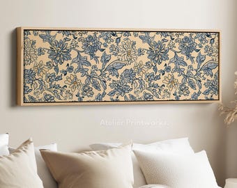 VINTAGE BLUE & BEIGE Floral Horizontal Wall Art Long Narrow, Wide Slim Wall Art, Horizontal Wall Art, Wall Art, Wide Skinny Wall Art