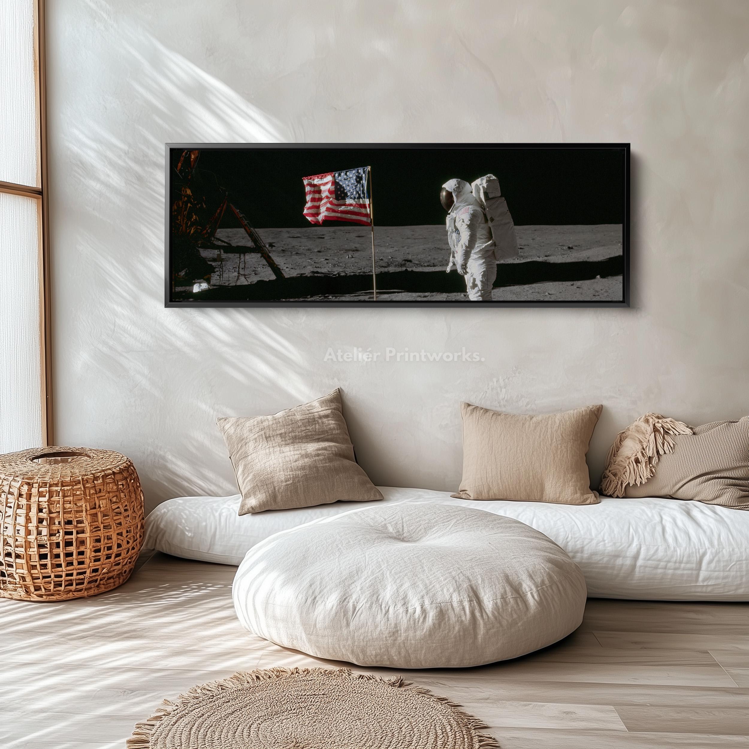 Above Bed Wall Art Astronaut and Flag Canvas Print Long Horizontal Moon ...