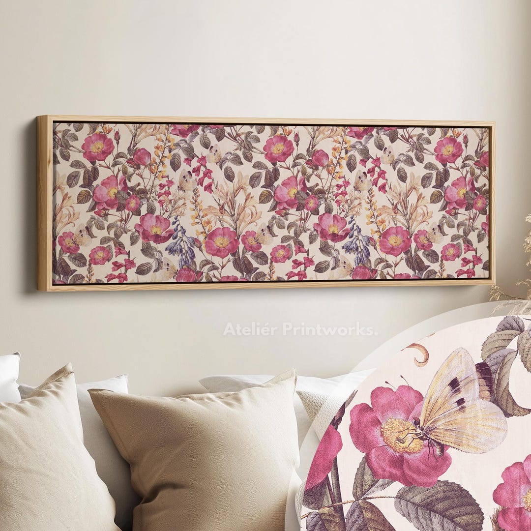 ABOVE BED ROMANTIC Floral Canvas – Horizontal Long Wall Art With Pink ...