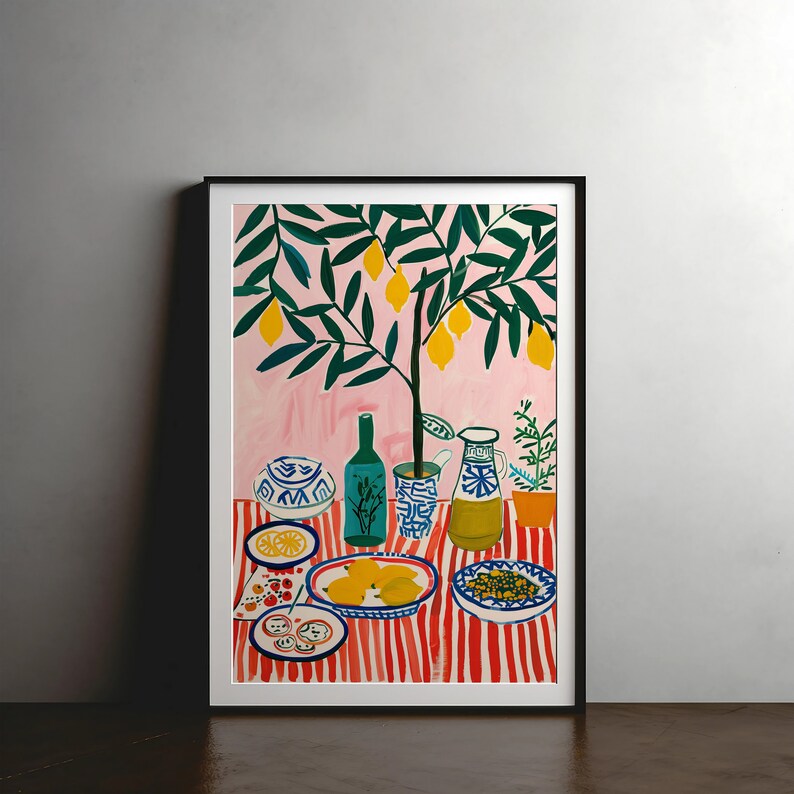 Vintage Food Art Print Retro Dinner Table Illustration, Kitchen Decor