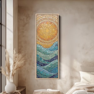 TALL WALL ART Mosaic Sunburst Vertical Canvas Narrow Abstract Wave Print for Living Room Entryway