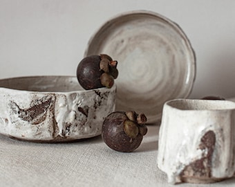 Handcrafted Ceramic Dinnerware Set, Yunomi Bowl Plate, Wabi-Sabi Kitchen Gift