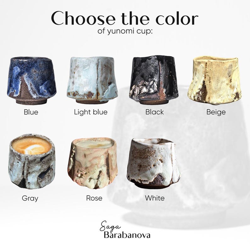 May include: A set of ten yunomi cups in various colors, including blue, light blue, black, beige, gray, rose, and white. The cups are all made of ceramic and have a rustic, handmade look.