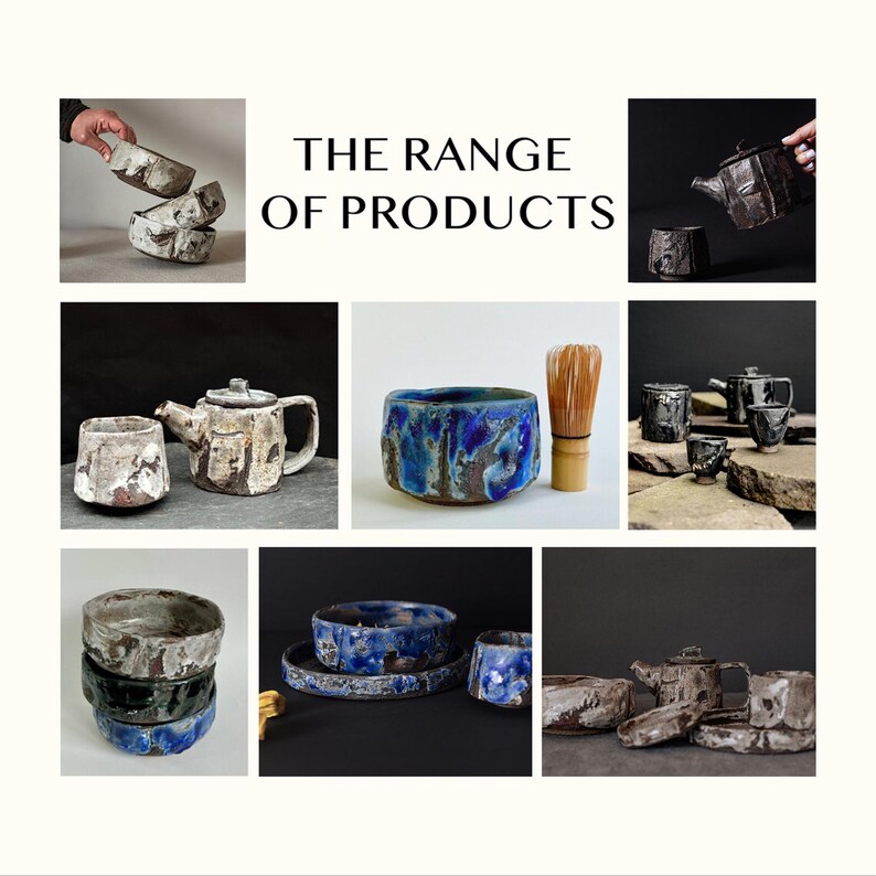 May include: A collage of handmade ceramic items, including bowls, teacups, and teapots. The pieces feature a variety of colors, including blue, gray, and white, with textured surfaces. The text "THE RANGE OF PRODUCTS" is displayed in the center.