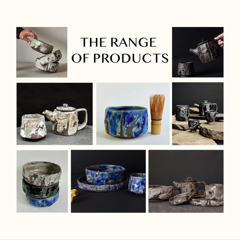 May include: A collage of handmade ceramic items, including bowls, teapots, and cups, in various sizes and designs. The pieces feature a mix of colors, including blue, gray, and white, with textured surfaces. The text "THE RANGE OF PRODUCTS" is displayed.