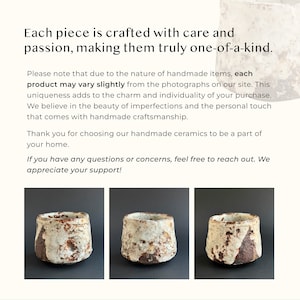 May include: Handmade ceramic cups with a unique, textured design. Each cup features a blend of white, brown, and tan hues, showcasing the natural imperfections of the handcrafted process. The text in the image says: Each piece is crafted with care and passion, making them truly one-of-a-kind.
