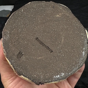 May include: A handmade ceramic pottery piece with a textured, dark brown base. The bottom of the pottery has a rough, unglazed surface with a stamped maker's mark. The pottery is held in a person's hand.