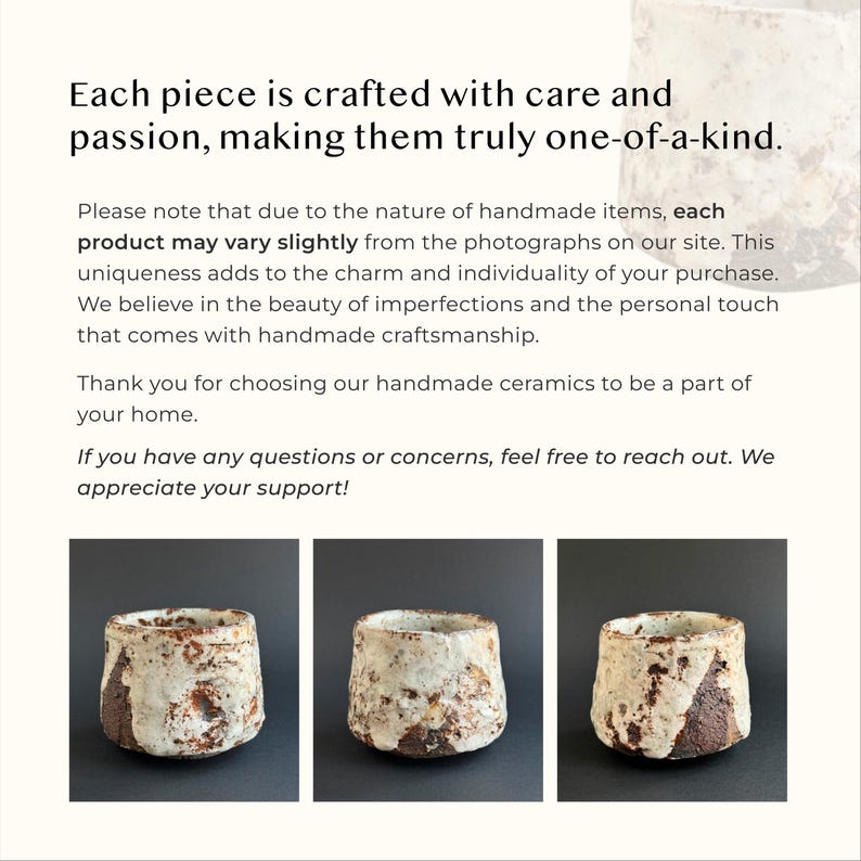 May include: Three ceramic cups with a white glaze and brown accents. The cups are handmade and have a unique, rustic look.