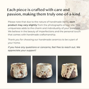 May include: Three handmade ceramic cups with a unique, textured design. Each cup features a light-colored exterior with brown accents and a rustic, organic shape. The text on the image reads: "Each piece is crafted with care and passion, making them truly one-of-a-kind."