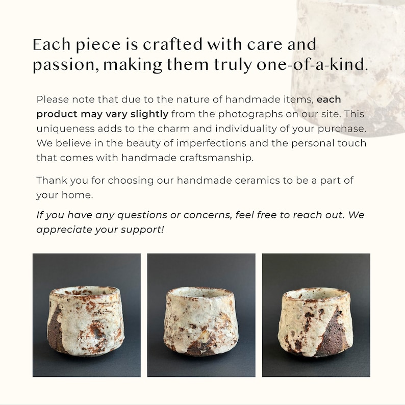 May include: Three handmade ceramic cups with a unique, textured design. Each cup features a light-colored exterior with brown accents and a rustic, organic shape. The text on the image reads: "Each piece is crafted with care and passion, making them truly one-of-a-kind."