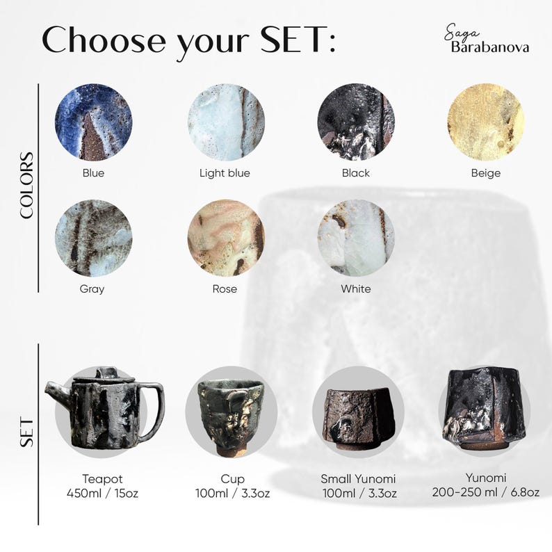 May include: Image showcasing ceramic sets with color options: blue, light blue, black, beige, gray, rose, and white. Sets include a teapot (450ml/15oz), cup (100ml/3.3oz), small yunomi (100ml/3.3oz), and yunomi (200-250ml/6.8oz). Text reads "Choose your SET:" and "Saga Barabanova".