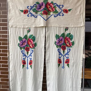 Vintage Ukrainian linen embroidered curtains vintage drapes Country style rural kitchen Home Decor Antique textiles Vintage charm Gift