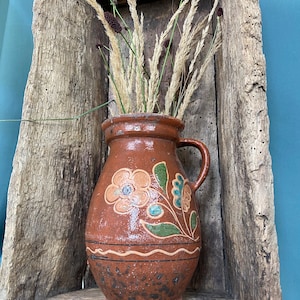 Old glazed clay jug Terracotta brown pottery crock Rural ceramic ancient vase Rustic folk pot Ukrainian ceramic pitcher Gift for her