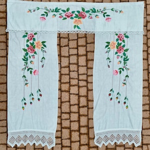 Vintage Ukrainian linen embroidered curtains vintage drapes Country style rural kitchen Home Decor Antique textiles Vintage charm Gift