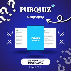 Op de afbeelding: Een blauwe en witte afbeelding met de tekst "PUBQUIZ Geografie" en een witte pijl die naar rechts wijst. Drie blauwe en witte afdrukbare PDF-documenten worden weergegeven met de titels "Wereldhoofdsteden", "Pubquiz Geografie" en "Beroemde bezienswaardigheden". De tekst "INSTANT DOWNLOAD PDF" en "ArtopiaTohi" wordt ook weergegeven.
