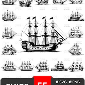 Może przedstawiać: Kolekcja 15 czarno-białych ilustracji statków. Obraz zawiera różne żaglowce, od małych statków po duże galeony. Słowo "SHIPS" jest wyświetlane z numerem "55" w czerwonym polu, wraz z ikonami typów plików.