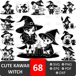 Puede incluir: Un conjunto de 68 ilustraciones digitales en blanco y negro de lindas brujas en varias poses. Las brujas llevan sombreros puntiagudos y vestidos. Algunas sostienen escobas, calderos u otros artículos de brujas. Las ilustraciones son perfectas para crear manualidades de Halloween, tarjetas u otros proyectos.