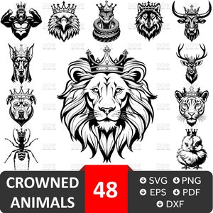 Paquete de svg de animales coronados, diseño de camisa de corona, svg de corona de animal, svg de corona, archivo vectorial, cricut de corona de animal, corona de león svg, descarga digital